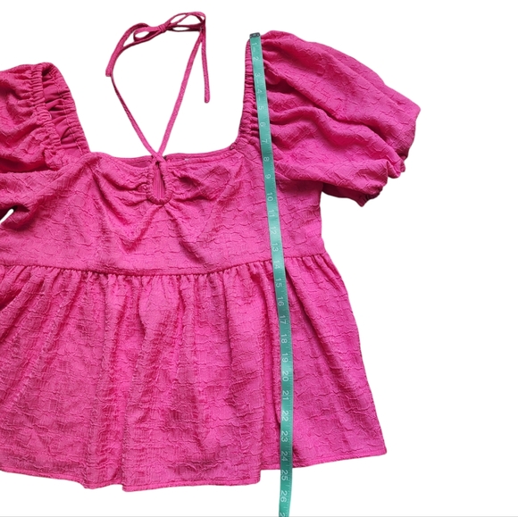 XL Textured Pink Square Tie Neckline Puffed Short Sleeve Top Future Collective - Picture 7 of 9